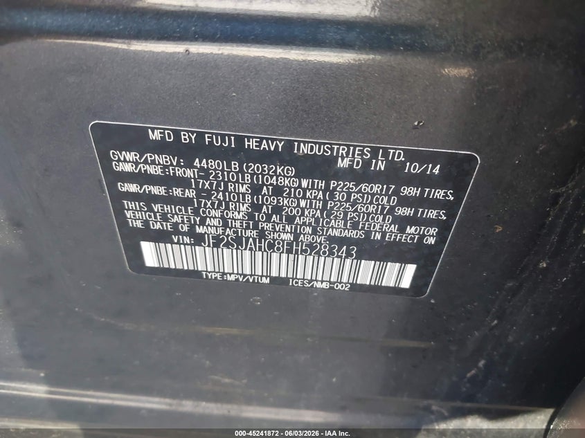 2015 Subaru Forester 2.5I Limited VIN: JF2SJAHC8FH528343 Lot: 45241872