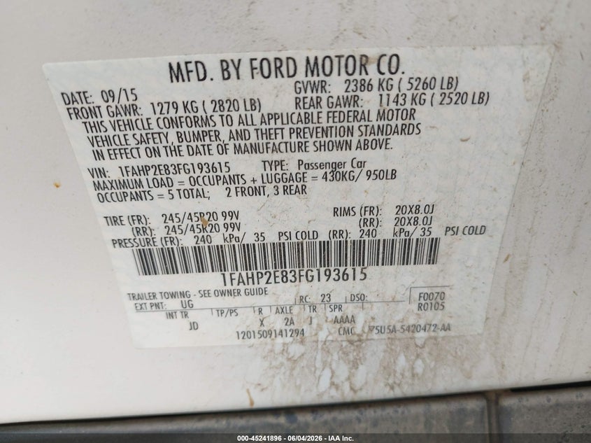 2015 Ford Taurus Sel VIN: 1FAHP2E83FG193615 Lot: 45241896
