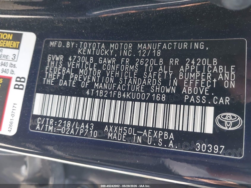 2019 Toyota Avalon Hybrid Limited VIN: 4T1B21FB4KU007168 Lot: 45242002