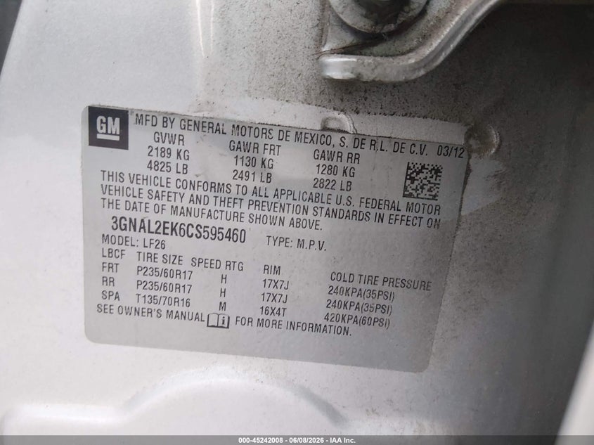2012 Chevrolet Captiva Sport 2Ls VIN: 3GNAL2EK6CS595460 Lot: 45242008