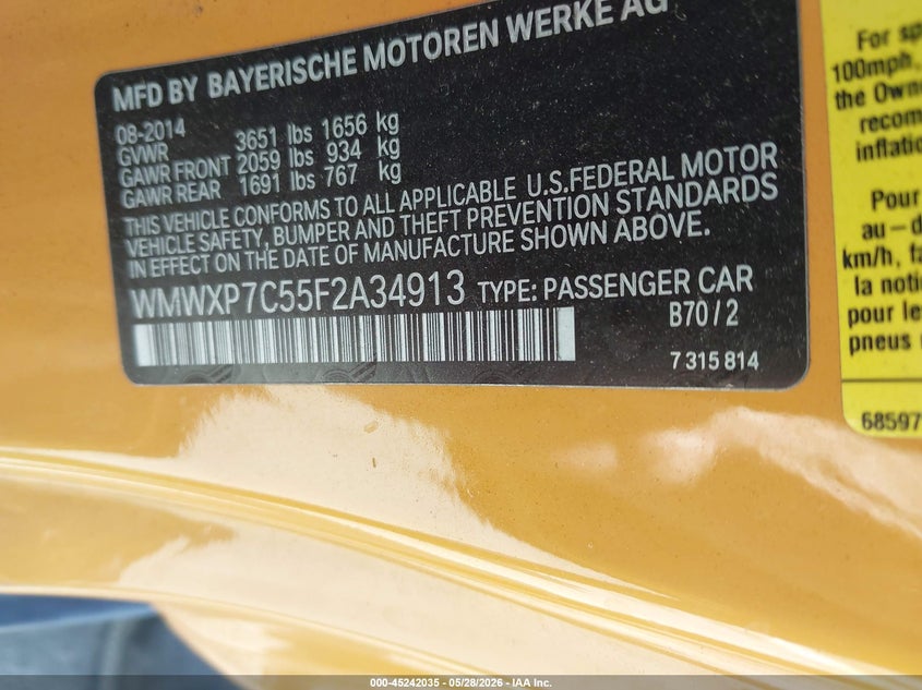 2015 Mini Hardtop Cooper S VIN: WMWXP7C55F2A34913 Lot: 45242035