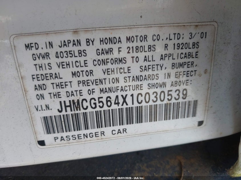 2001 Honda Accord 2.3 Lx VIN: JHMCG564X1C030539 Lot: 45242072