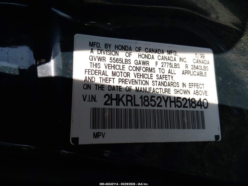 2000 Honda Odyssey Lx VIN: 2HKRL1852YH521840 Lot: 45242114