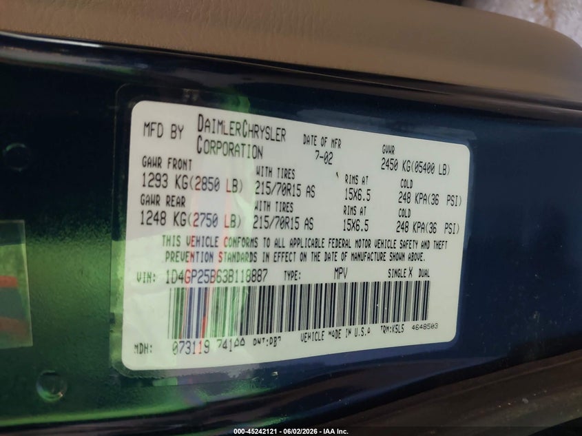 2003 Dodge Caravan Se VIN: 1D4GP25B63B118887 Lot: 45242121