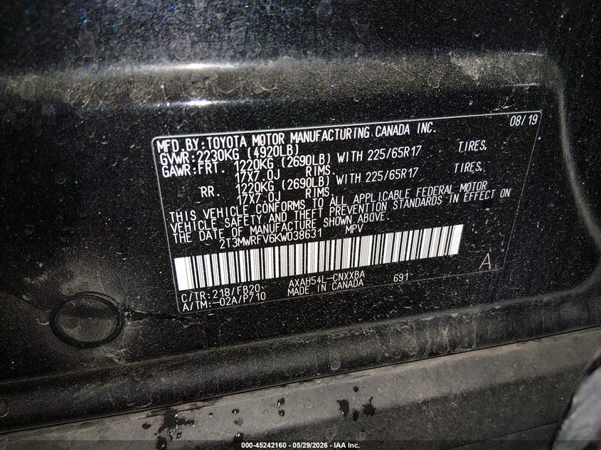 VIN 2T3MWRFV6KW038631 2019 TOYOTA RAV4 HYBRID LE
