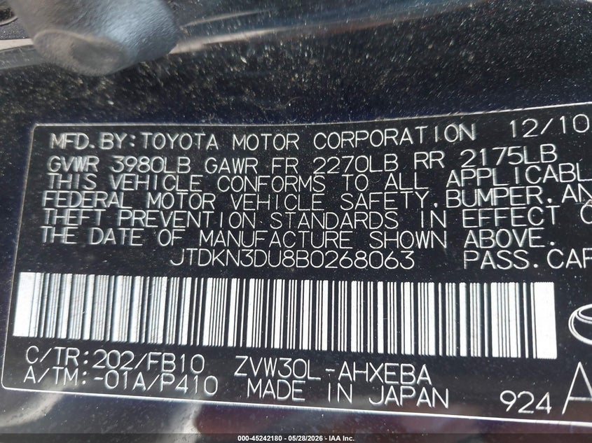2011 TOYOTA PRIUS HATCHBACK 1.8L I-4 DOHC, VVT, 98HP