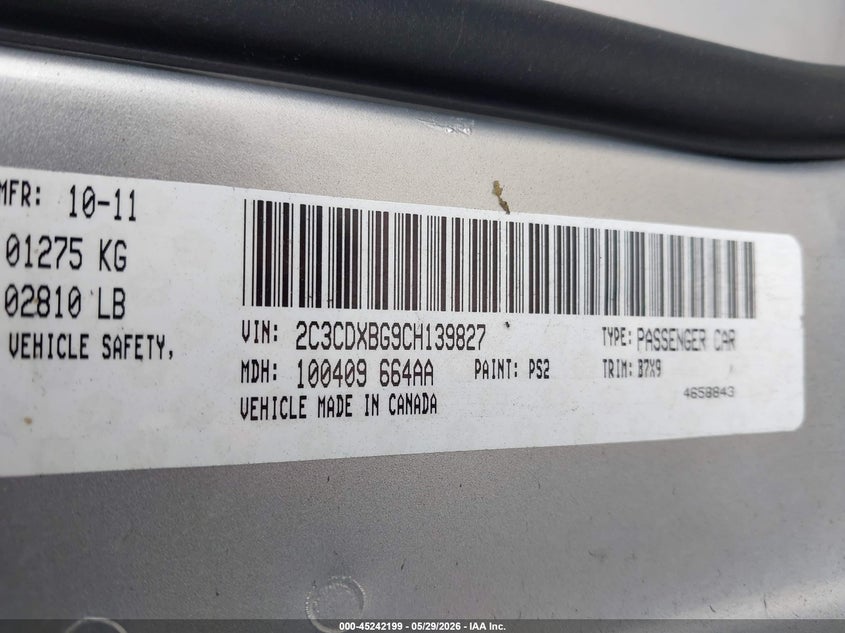 2012 Dodge Charger 3.6 Se silver Lot 111045242199 Vin 2C3CDXBG9CH139827