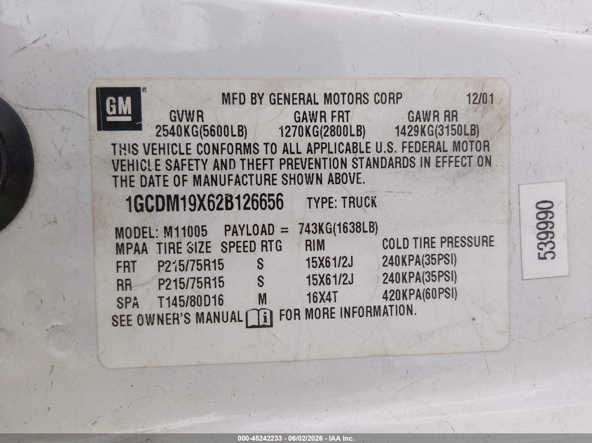2002 Chevrolet Astro VIN: 1GCDM19X62B126656 Lot: 45242233