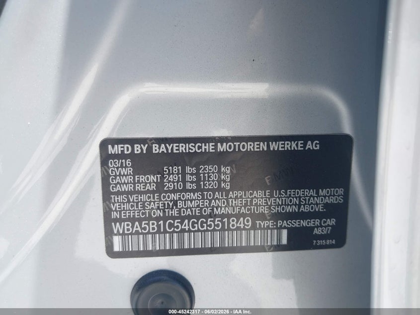 2016 BMW 535I VIN: WBA5B1C54GG551849 Lot: 45242317