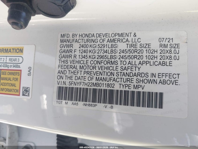 2021 Honda Passport 2Wd Sport VIN: 5FNYF7H22MB011802 Lot: 45242326