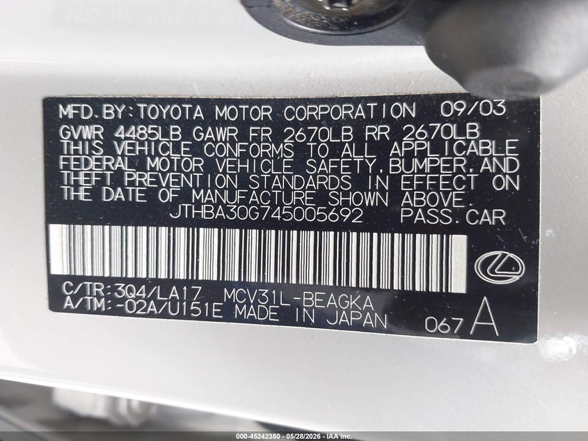 2004 Lexus Es 330 VIN: JTHBA30G745005692 Lot: 45242350