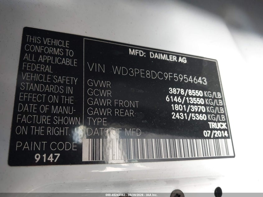 2015 Mercedes-Benz Sprinter 2500 High Roof VIN: WD3PE8DC9F5954643 Lot: 45242363