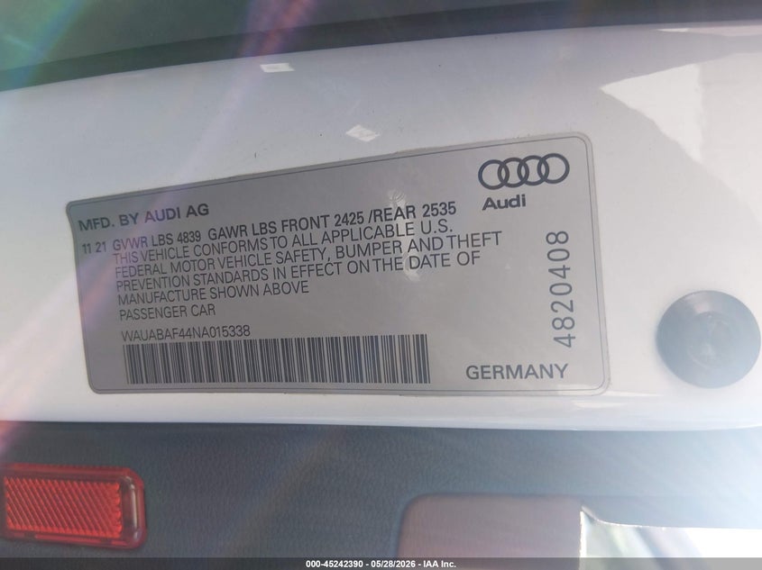 2022 AUDI A4 SEDAN 2.0L I-4 DI, DOHC, VVT, TURBO, 201HP