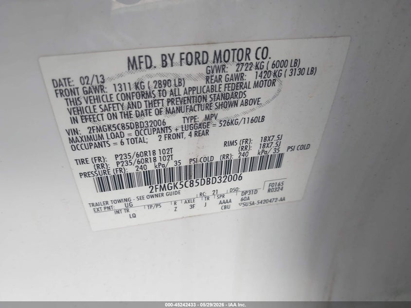 FORD FLEX 2013 VIN 2FMGK5C85DBD32006