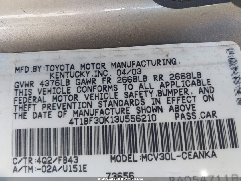 2003 Toyota Camry Le V6 VIN: 4T1BF30K13U556210 Lot: 45242446