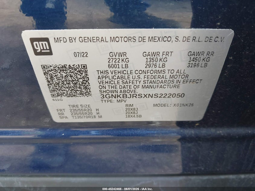 2022 Chevrolet Blazer Awd 3Lt VIN: 3GNKBJRSXNS222050 Lot: 45242466