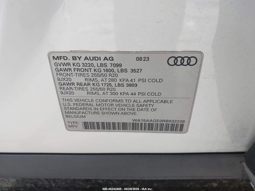2024 Audi Q8 E-Tron Premium Plus Quattro VIN: WA15AAGE0RB032226 Lot: 45242485