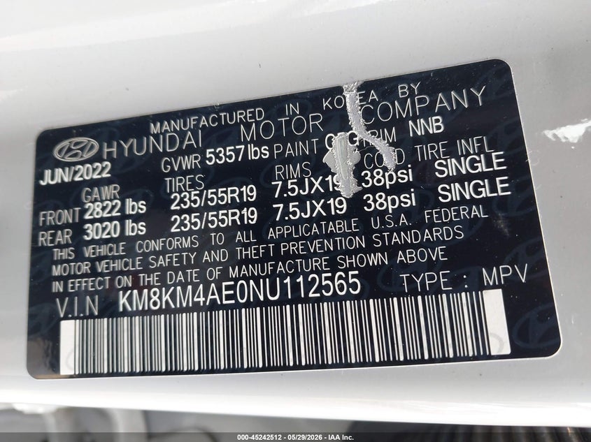 2022 Hyundai Ioniq 5 Se VIN: KM8KM4AE0NU112565 Lot: 45242512
