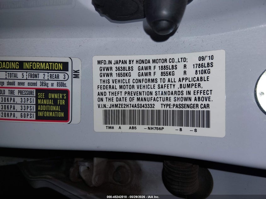 2010 Honda Insight Ex VIN: JHMZE2H74AS043332 Lot: 45242518