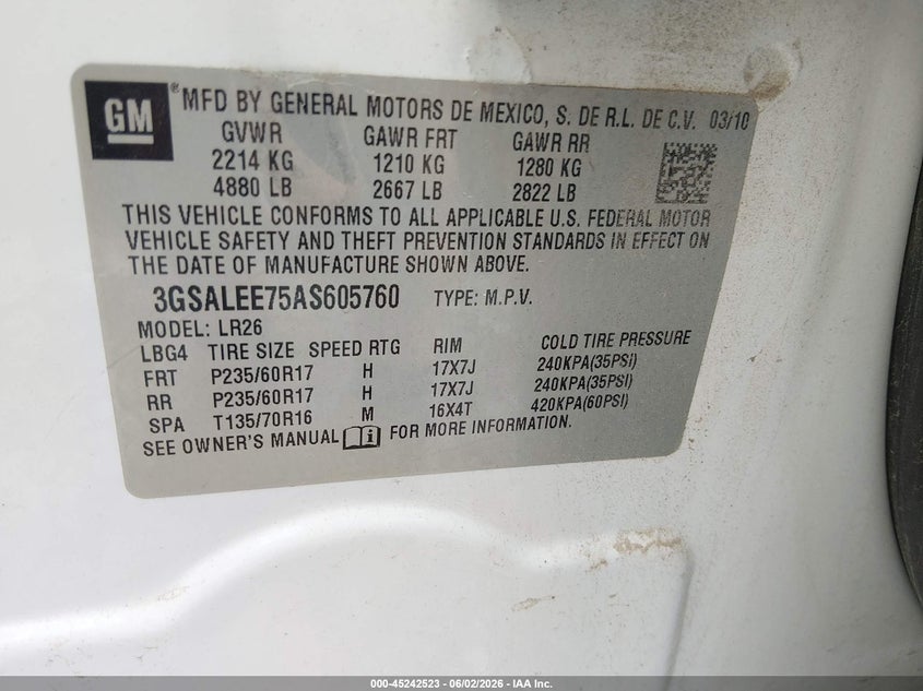 2010 Saturn Vue Xr-V6 VIN: 3GSALEE75AS605760 Lot: 45242523