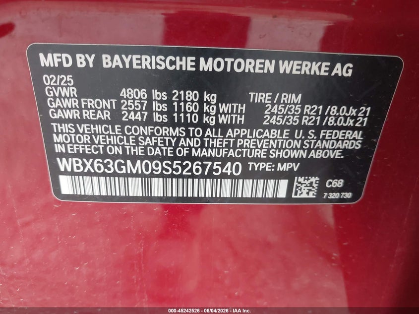 2025 BMW X2 xDrive28I VIN: WBX63GM09S5267540 Lot: 45242526