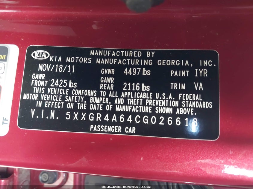 2012 Kia Optima 2.0 Sx red Lot 111045242538 Vin 5XXGR4A64CG026618