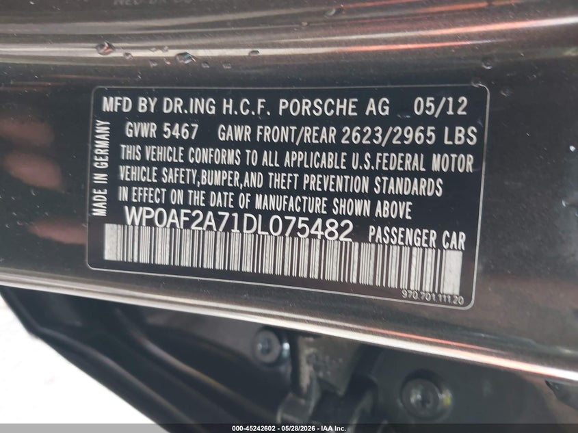 2013 Porsche Panamera Gts VIN: WP0AF2A71DL075482 Lot: 45242602