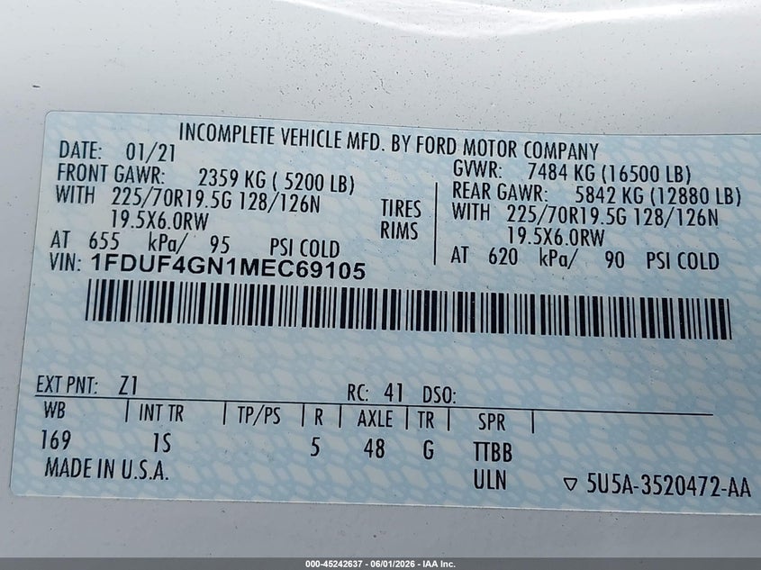 2021 Ford F-450 Chassis Xl VIN: 1FDUF4GN1MEC69105 Lot: 45242637