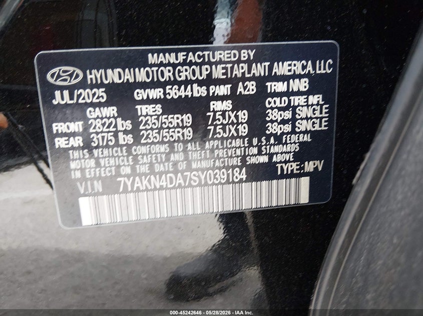 2025 Hyundai Ioniq 5 Sel VIN: 7YAKN4DA7SY039184 Lot: 45242646