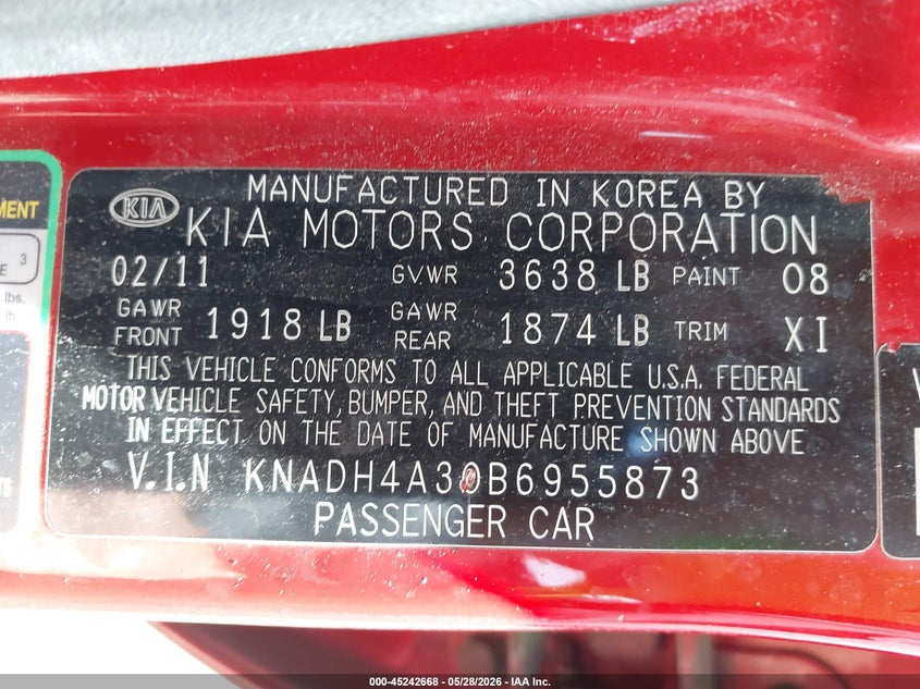 KNADH4A30B6955873 2011 Kia Rio 1.6 Lx red