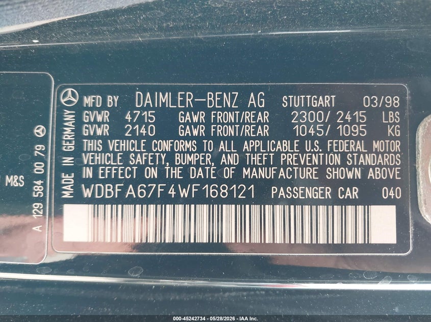 1998 Mercedes-Benz Sl 500 VIN: WDBFA67F4WF168121 Lot: 45242734