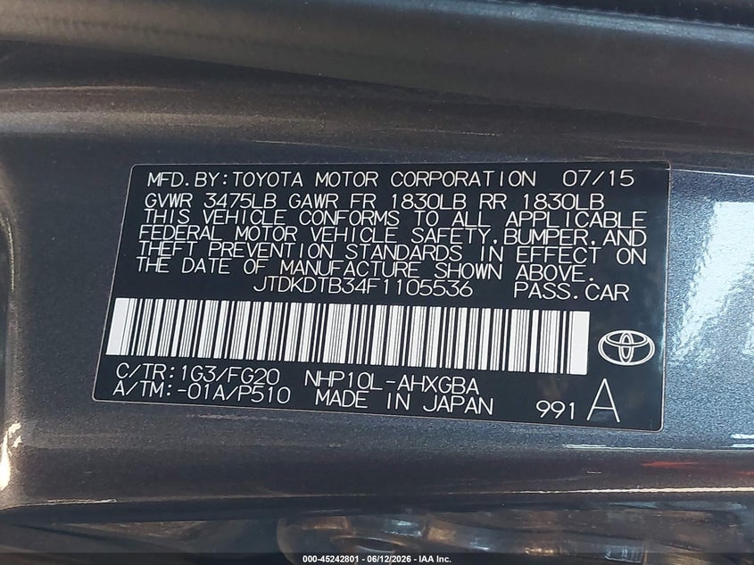 2015 Toyota Prius C Three VIN: JTDKDTB34F1105536 Lot: 45242801