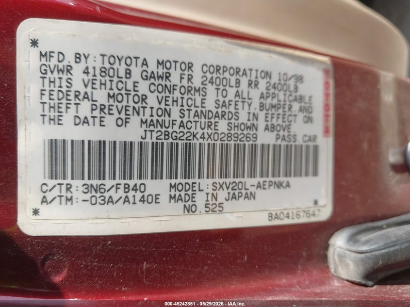 1999 Toyota Camry Le VIN: JT2BG22K4X0289269 Lot: 45242851