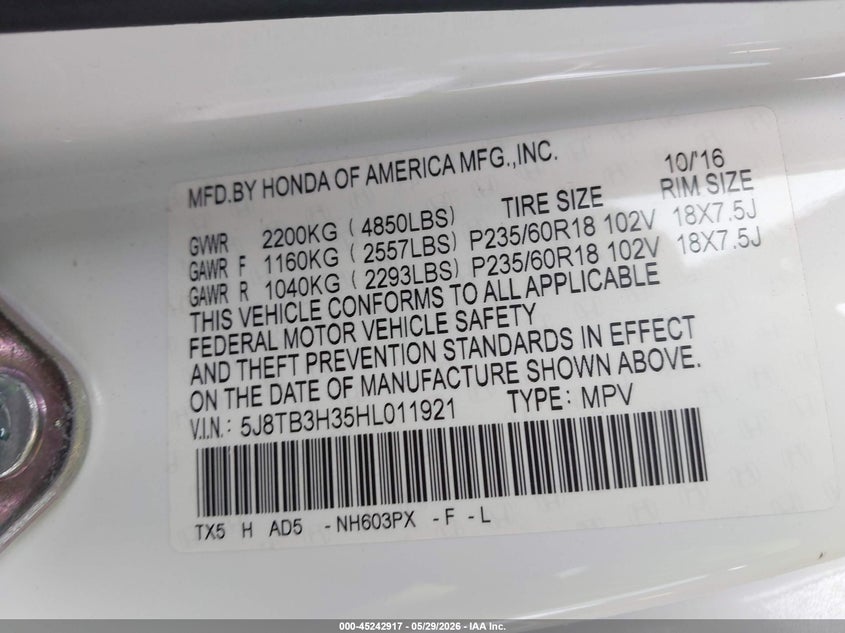 2017 Acura Rdx Acurawatch Plus Package VIN: 5J8TB3H35HL011921 Lot: 45242917