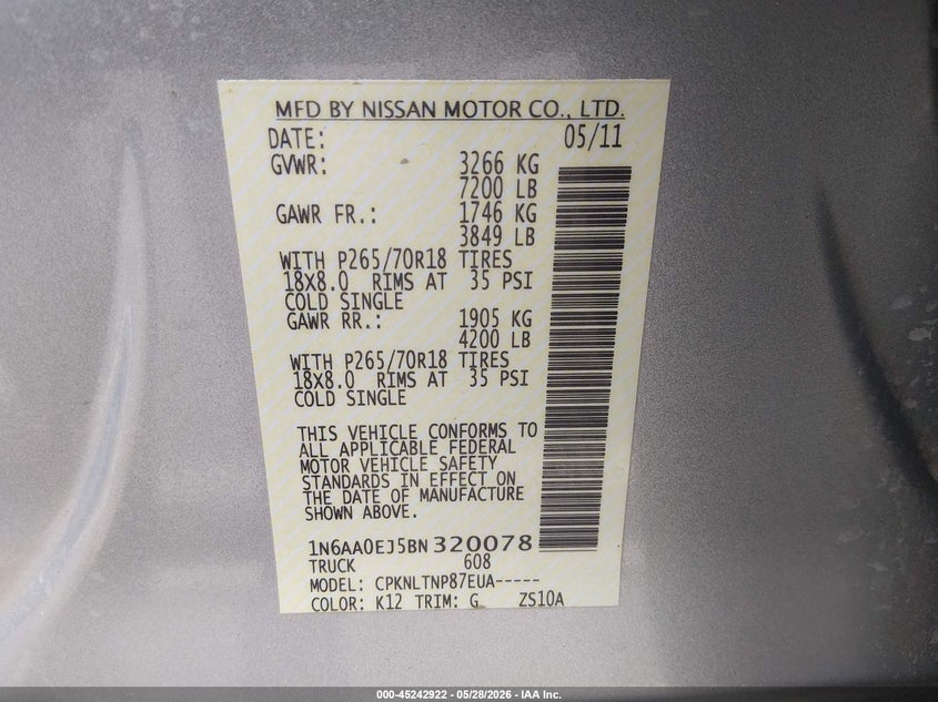 2011 Nissan Titan Sv VIN: 1N6AA0EJ5BN320078 Lot: 45242922