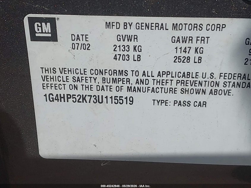 2003 Buick Lesabre Custom VIN: 1G4HP52K73U115519 Lot: 45242946