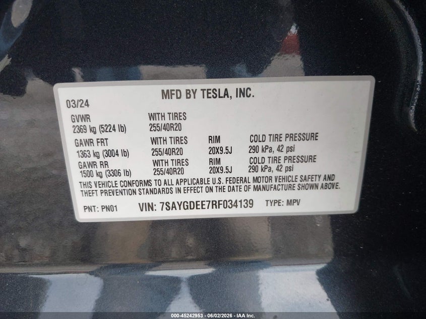 2024 Tesla Model Y Long Range Dual Motor All-Wheel Drive VIN: 7SAYGDEE7RF034139 Lot: 45242953