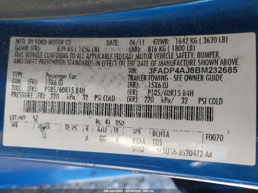 2011 Ford Fiesta S VIN: 3FADP4AJ8BM232685 Lot: 45242983