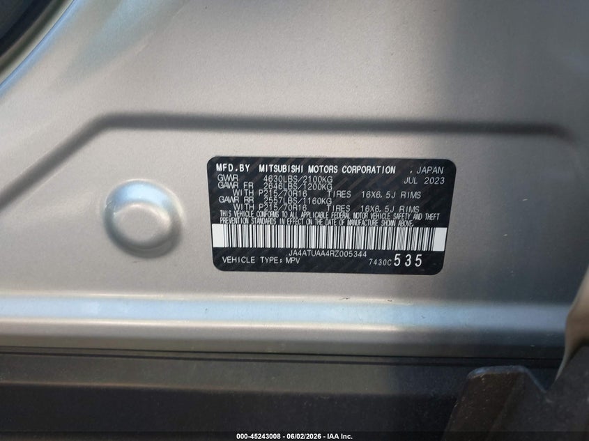 2024 Mitsubishi Eclipse Cross Es S-Awc VIN: JA4ATUAA4RZ005344 Lot: 45243008