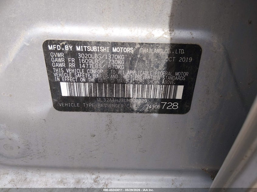 2020 Mitsubishi Mirage Se VIN: ML32A4HJ3LH002229 Lot: 45243011