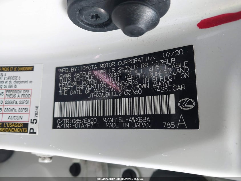 2020 Lexus Ux 250H VIN: JTHX9JBH0L2033360 Lot: 45243042