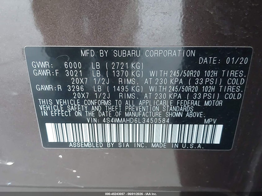 2020 Subaru Ascent Premium VIN: 4S4WMAHD6L3450584 Lot: 45243057