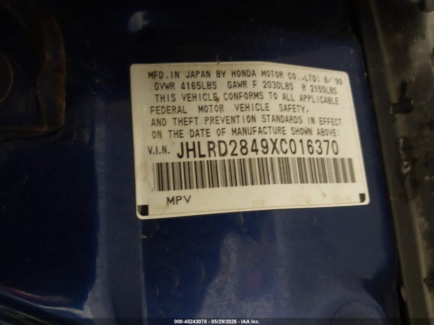 1999 Honda Cr-V Lx VIN: JHLRD2849XC016370 Lot: 45243078