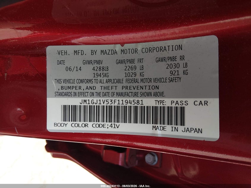2015 Mazda Mazda6 I Touring VIN: JM1GJ1V53F1194581 Lot: 45243113