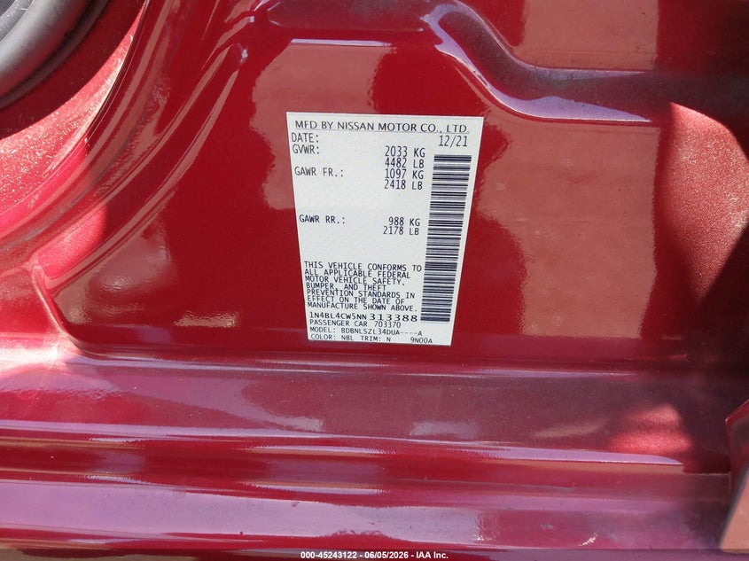 2022 NISSAN ALTIMA 2.5L I-4 DI, DOHC, V(VIN: 1N4BL4CW5NN313388
