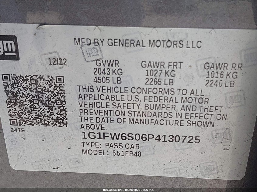 2023 Chevrolet Bolt Ev Fwd 1Lt VIN: 1G1FW6S06P4130725 Lot: 45243128