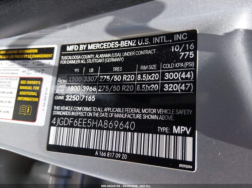 2017 Mercedes-Benz Gls 450 4Matic VIN: 4JGDF6EE5HA869640 Lot: 45243136