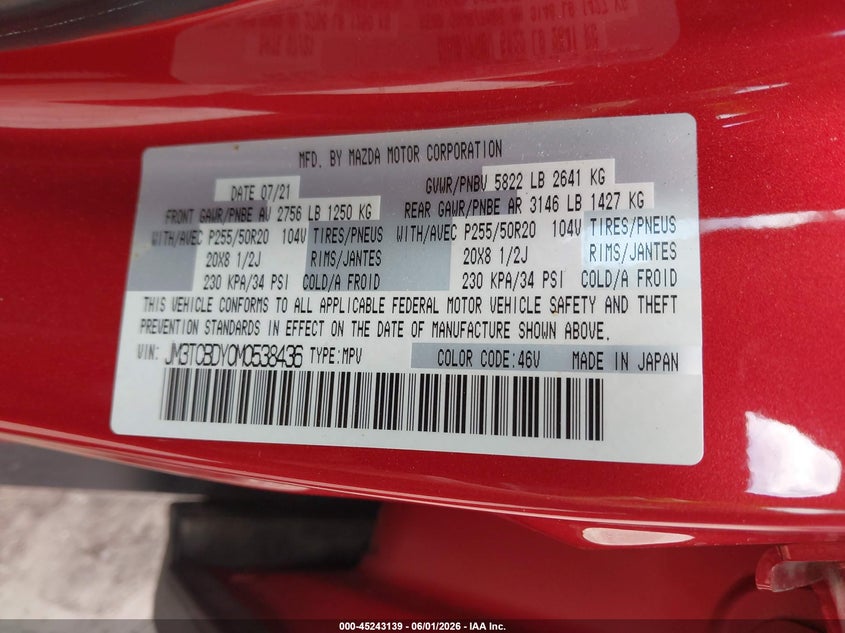 2021 Mazda Cx-9 Grand Touring VIN: JM3TCBDY0M0538436 Lot: 45243139