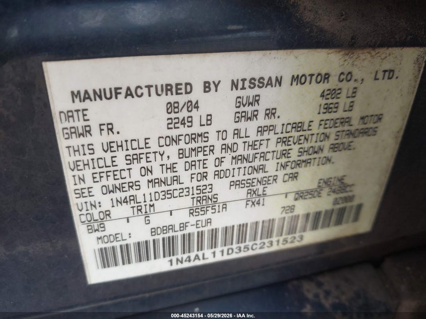 2005 Nissan Altima 2.5 S VIN: 1N4AL11D35C231523 Lot: 45243154