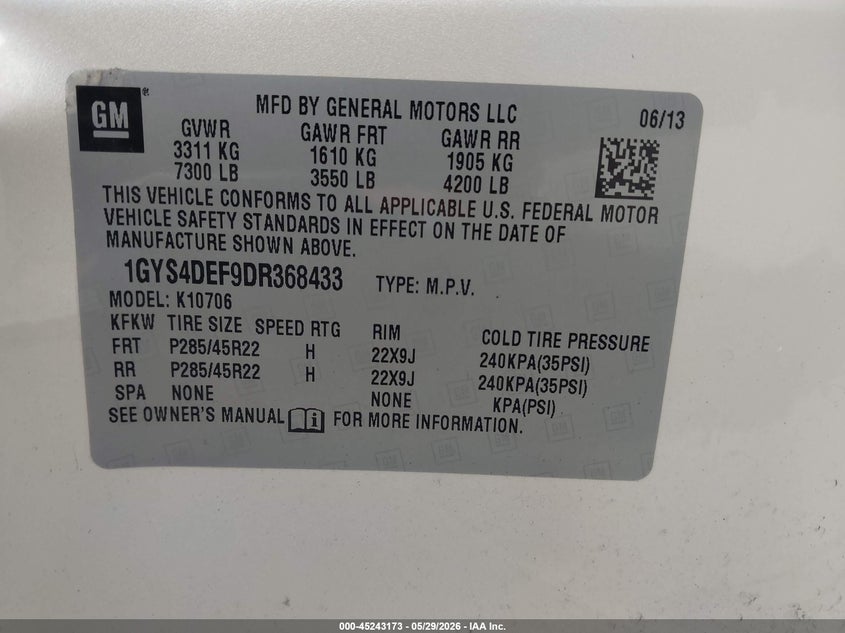2013 Cadillac Escalade Platinum Edition VIN: 1GYS4DEF9DR368433 Lot: 45243173